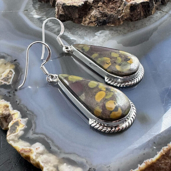 Sterling Southwestern Style Teardrop Fruit Jasper Dangle  Sterling Southwestern Style Teardrop Fruit Jasper Dangle Earrings For Women